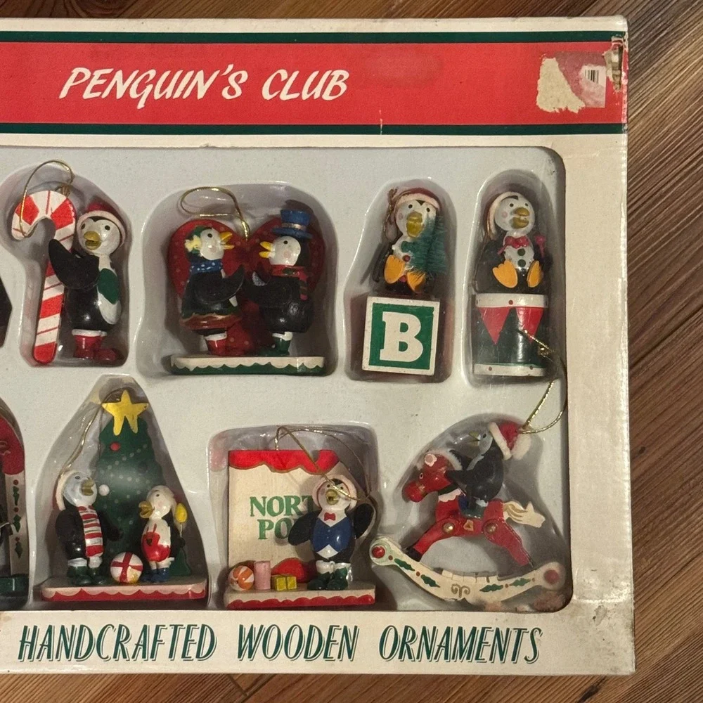 Penguin's Club Vintage Handcrafted Wooden Christmas Ornaments 9 Piece Set 1980s